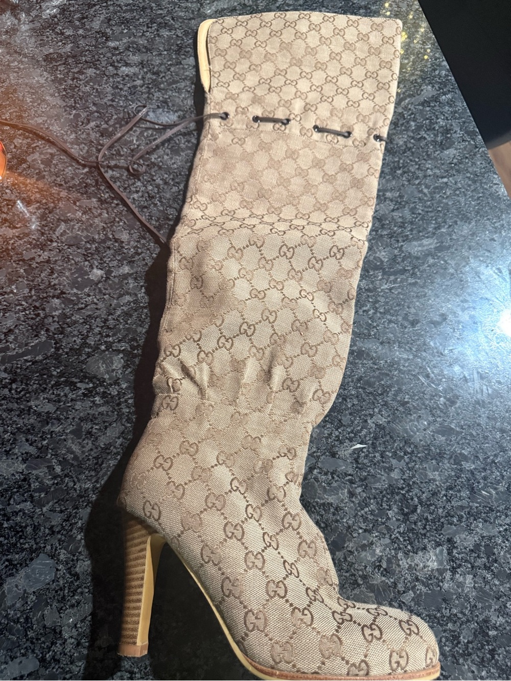 Gucci Beige GG Monogram Over-the-Knee Drawstring Heeled Boots